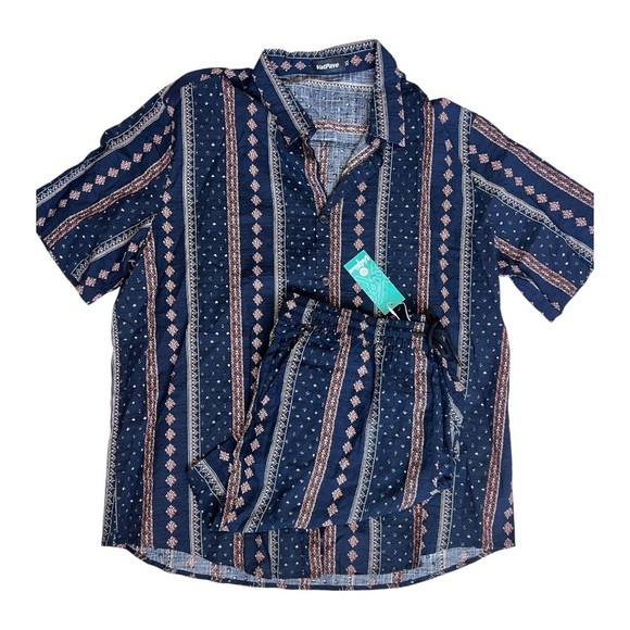 Men's Navy Patterned Shirt with matching shorts - Picture 4 of 4